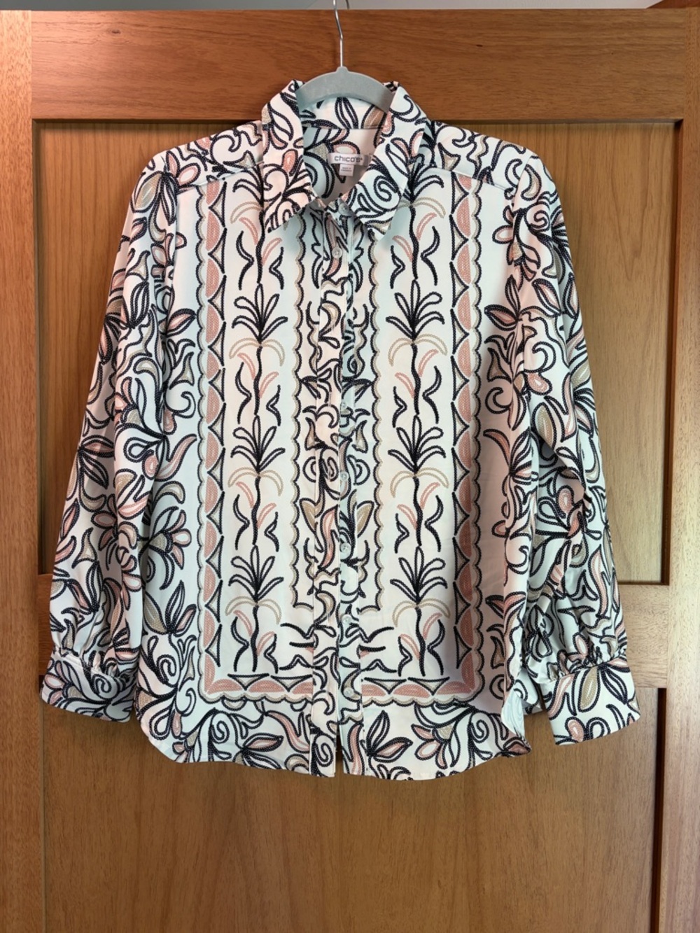 Chico's White Button-Front Shirt with Black and Blush Floral Stripe